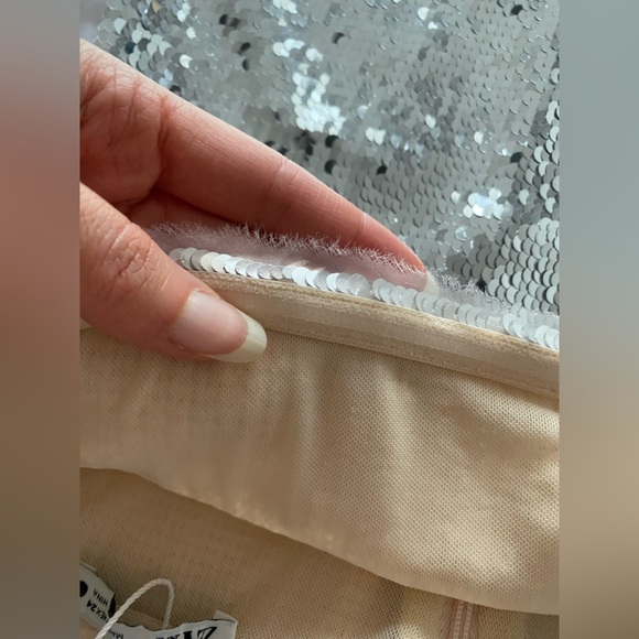 Zara Sequin appliqué Strapless Midi Dress Organza Tulle hem Silver Size XS NWT - Picture 10 of 16